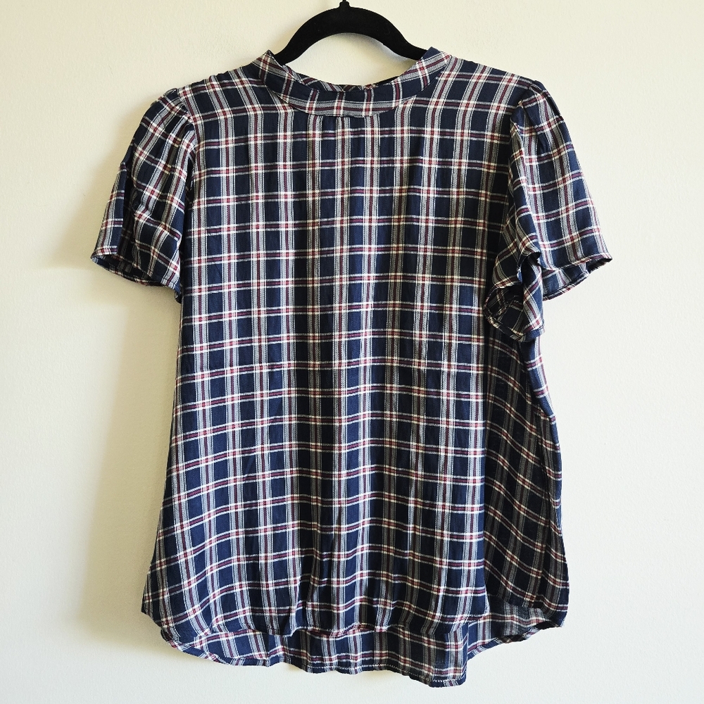 LOFT I MP Plaid Rayon Blend Blouse I blue red white - Picture 3 of 9